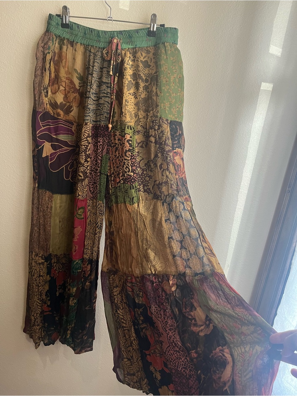 Boho Patchwork Wide-Leg Pants in Green Multi